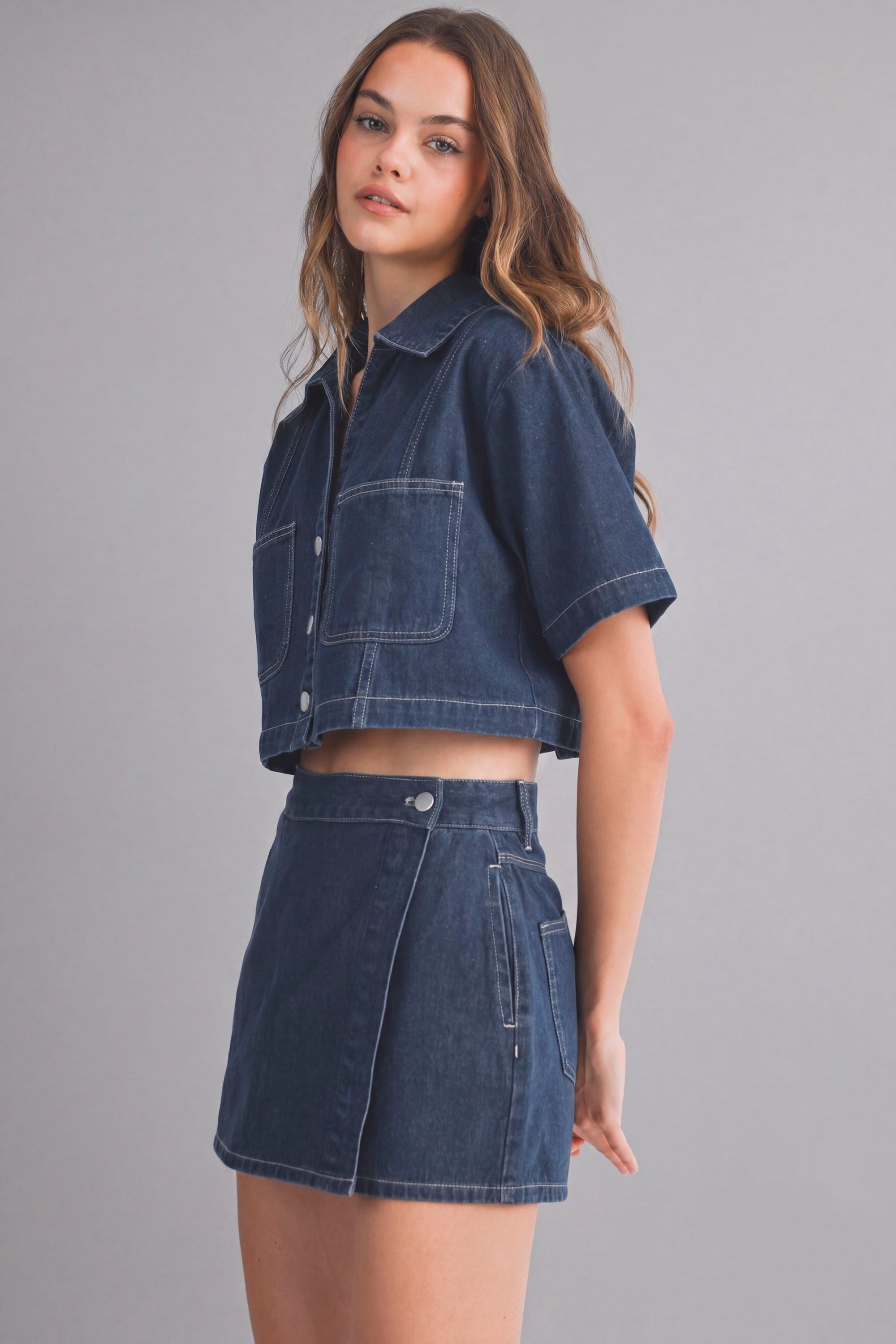 Denim Short Sleeve Collar Shirt And Skort Set