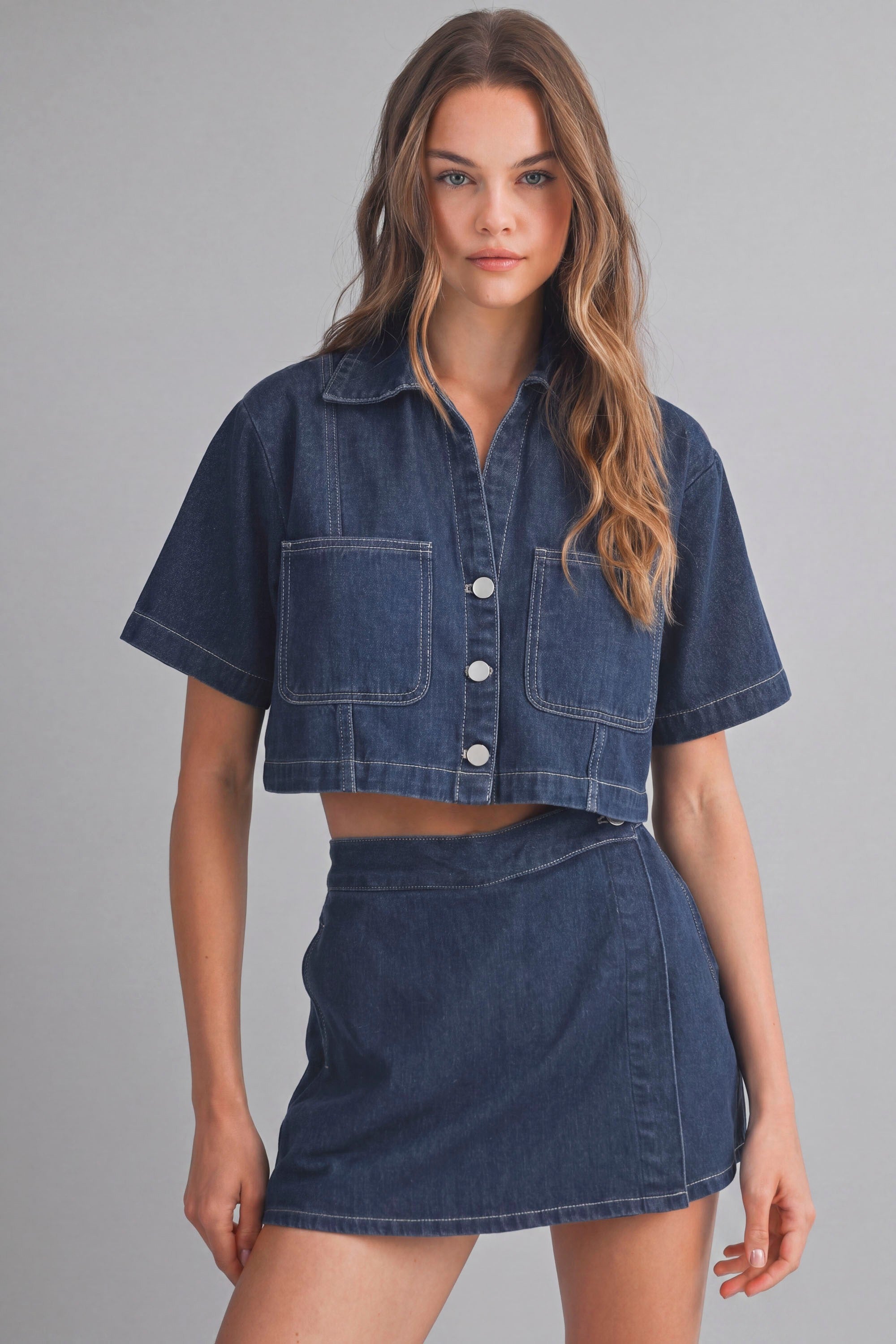 Denim Short Sleeve Collar Shirt And Skort Set
