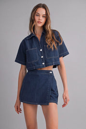 Denim Short Sleeve Collar Shirt And Skort Set