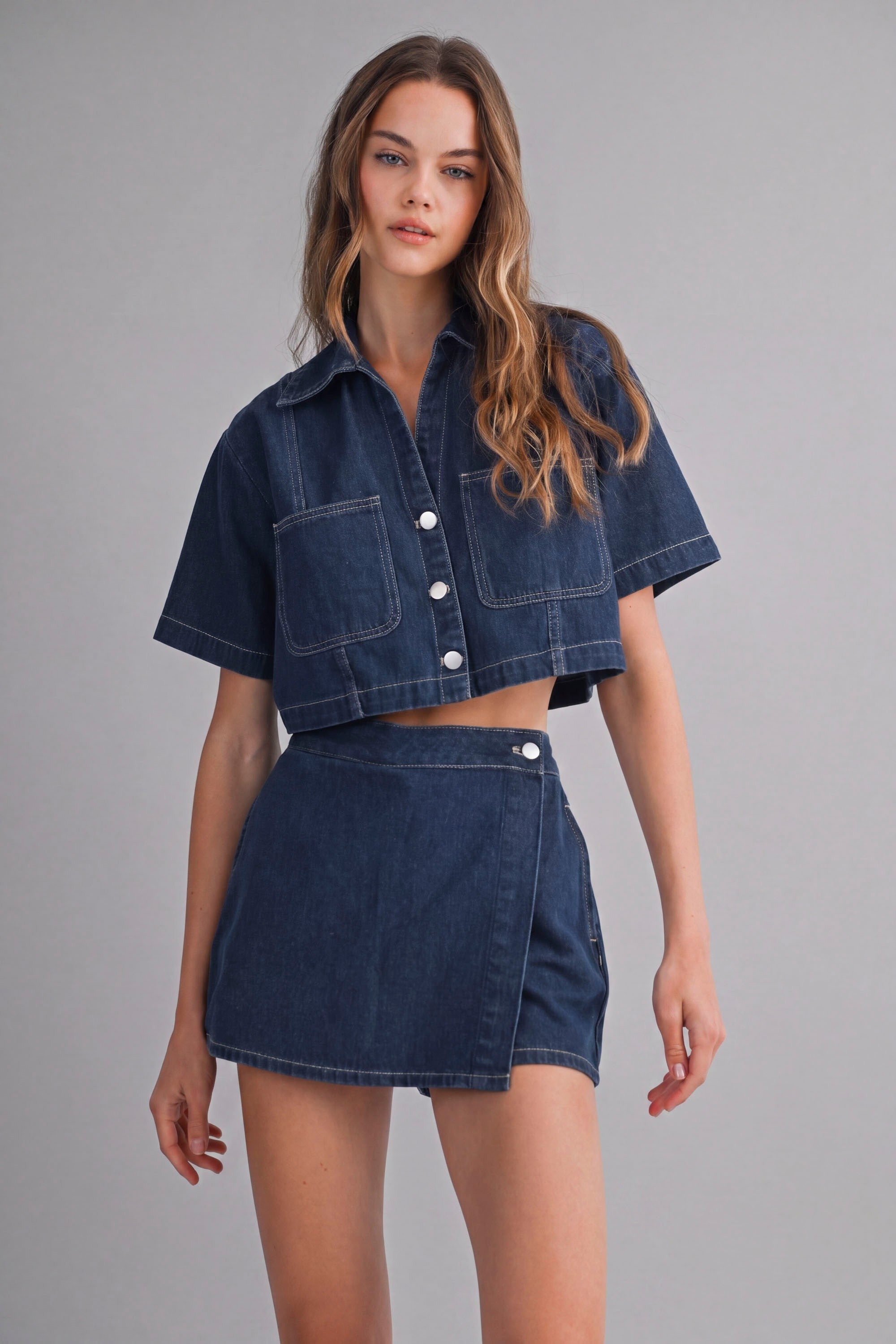 Denim Short Sleeve Collar Shirt And Skort Set