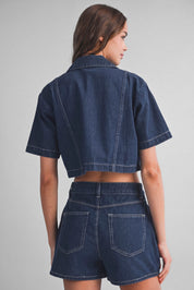 Denim Short Sleeve Collar Shirt And Skort Set
