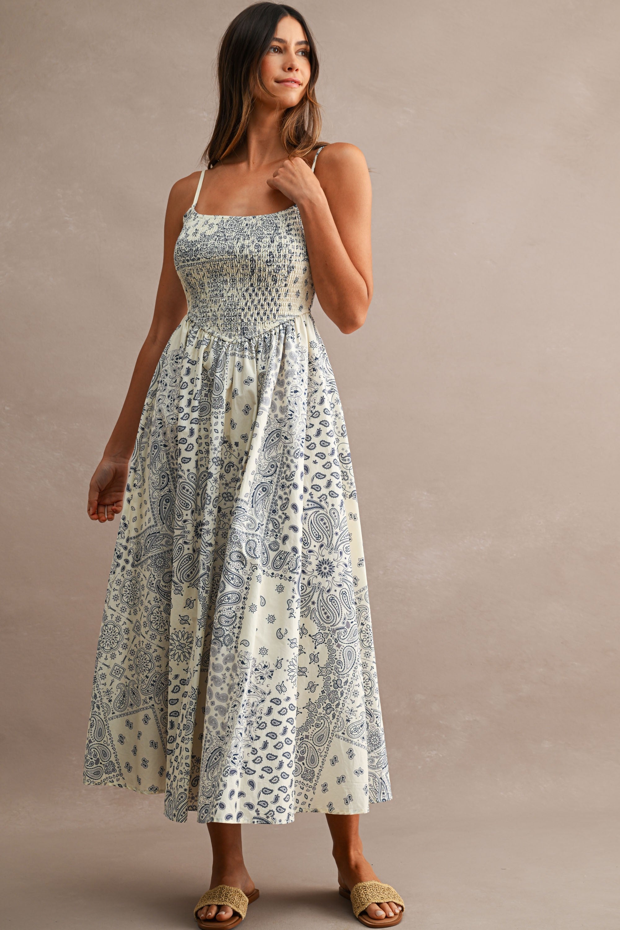 Paisley Print Adjustable Spaghetti Strap Midi Dress