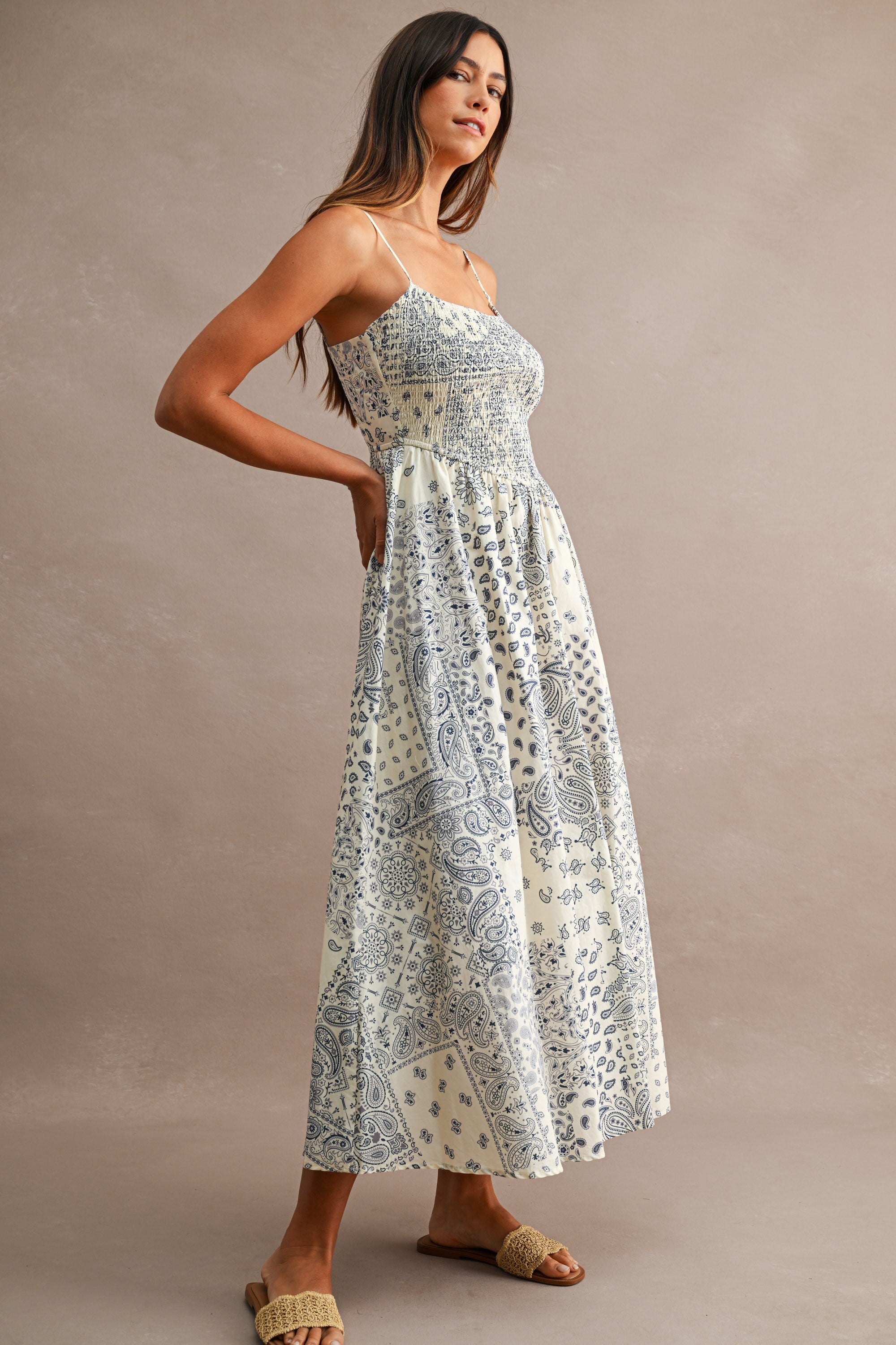 Paisley Print Adjustable Spaghetti Strap Midi Dress
