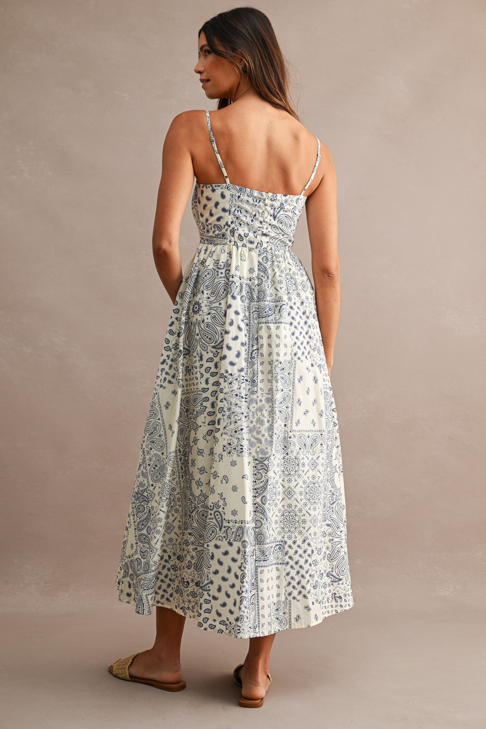 Paisley Print Adjustable Spaghetti Strap Midi Dress