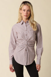 Ella Ruched Stripe Button Down Shirt