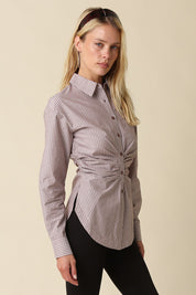 Ella Ruched Stripe Button Down Shirt