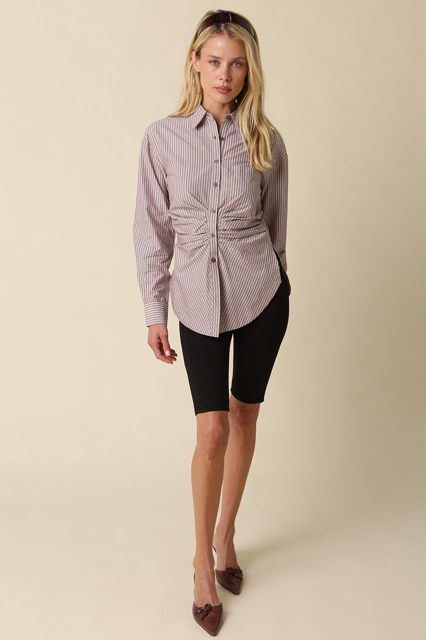 Ella Ruched Stripe Button Down Shirt