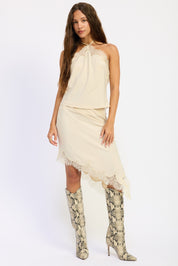 Asymmetrical Low Rise Satin Skirt With Lace Detail