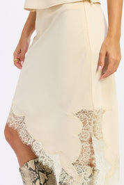 Asymmetrical Low Rise Satin Skirt With Lace Detail