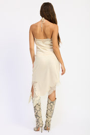 Asymmetrical Low Rise Satin Skirt With Lace Detail