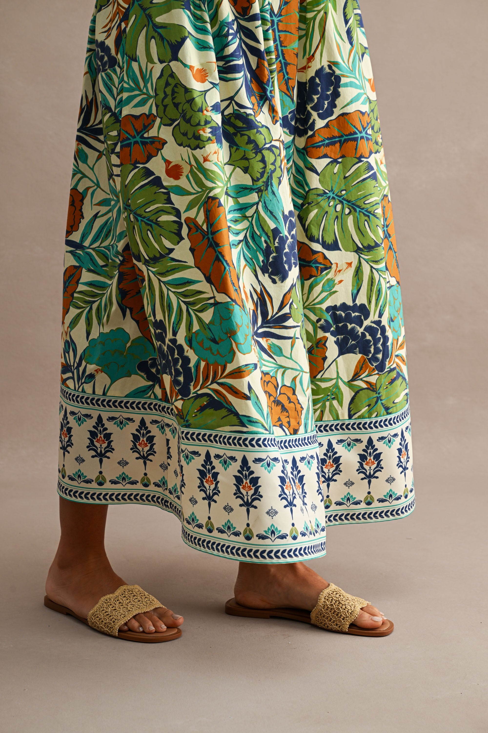Tropical Print Spaghetti Strap Open Back Midi Dress