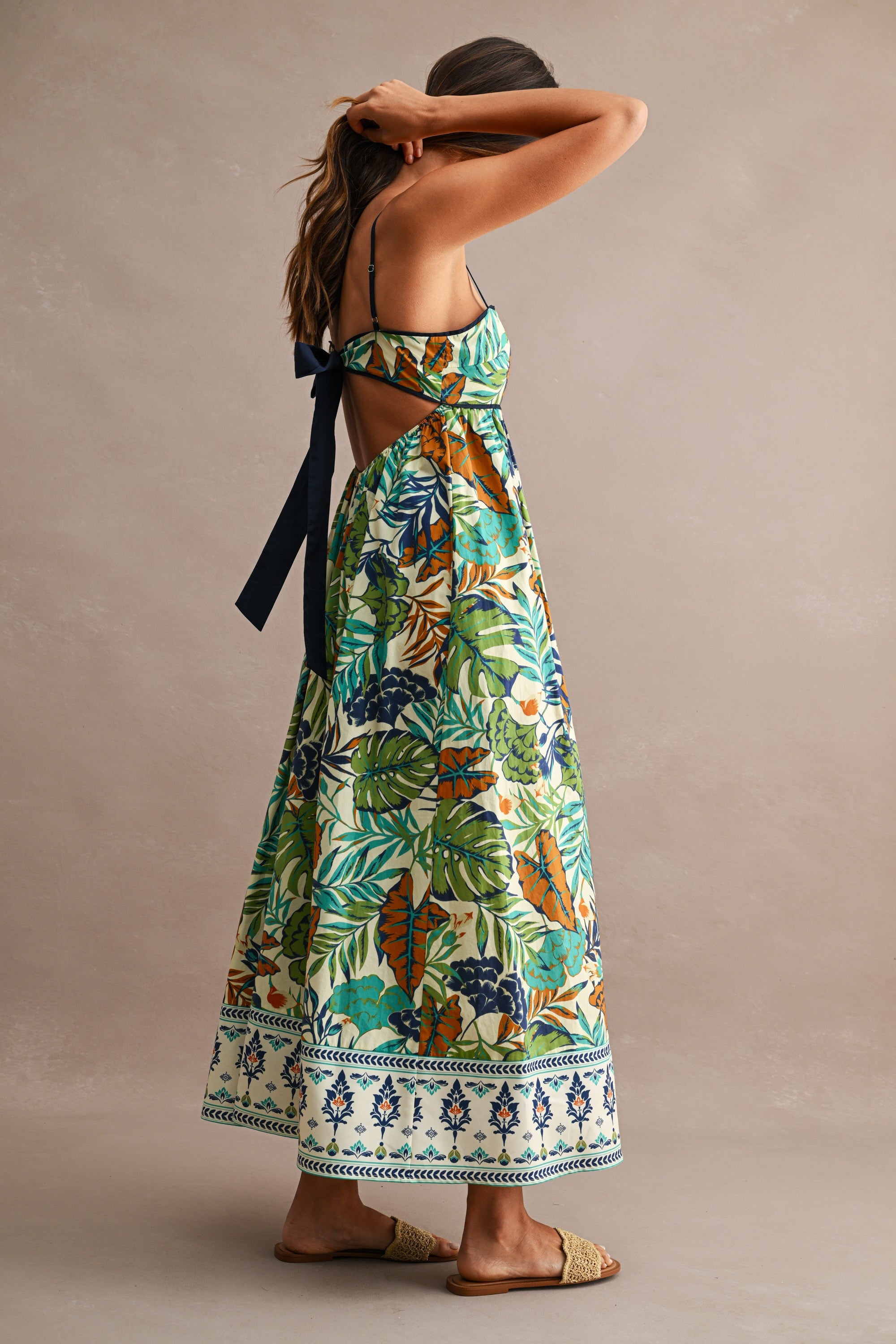 Tropical Print Spaghetti Strap Open Back Midi Dress