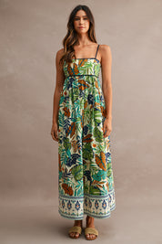 Tropical Print Spaghetti Strap Open Back Midi Dress