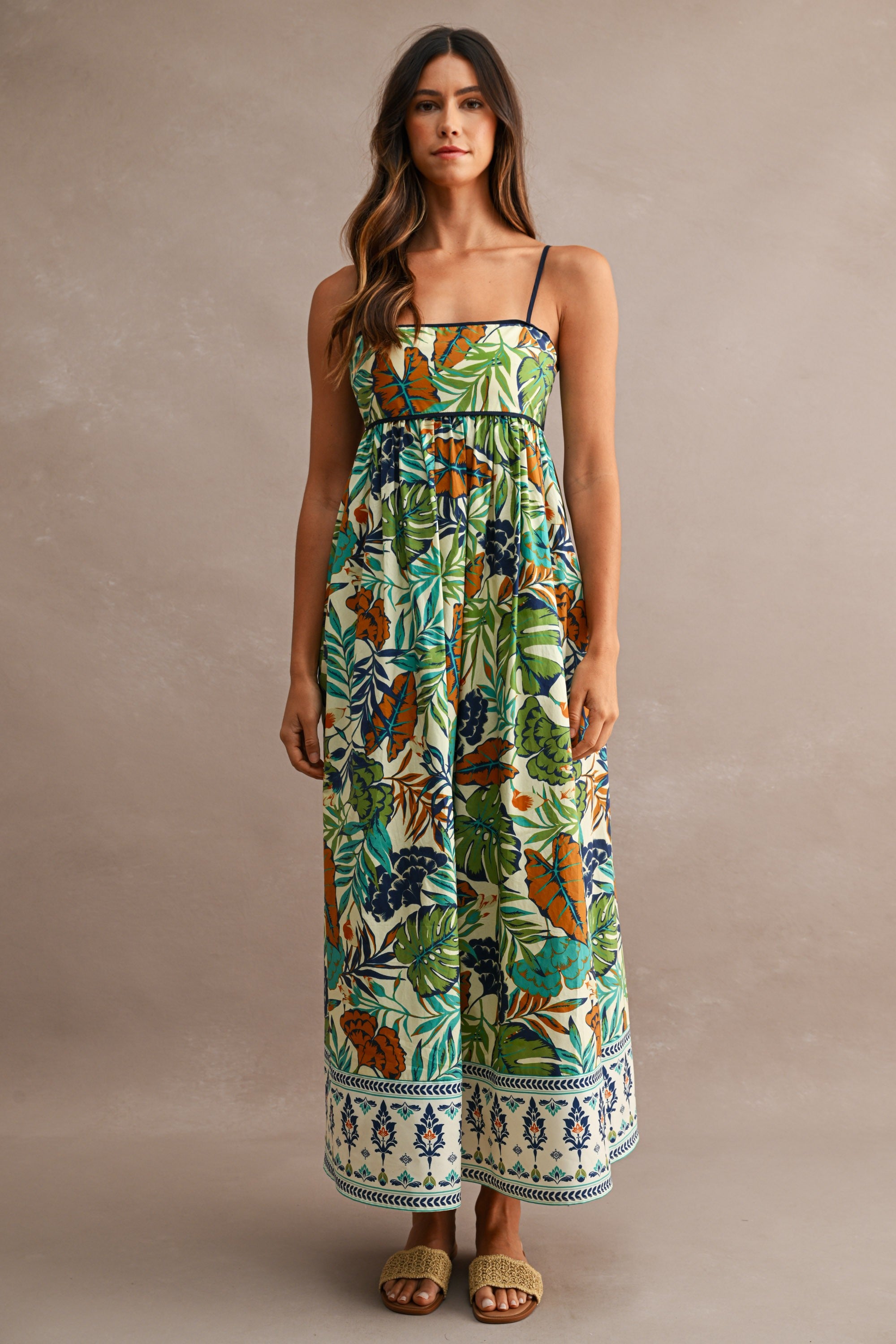 Tropical Print Spaghetti Strap Open Back Midi Dress
