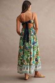 Tropical Print Spaghetti Strap Open Back Midi Dress