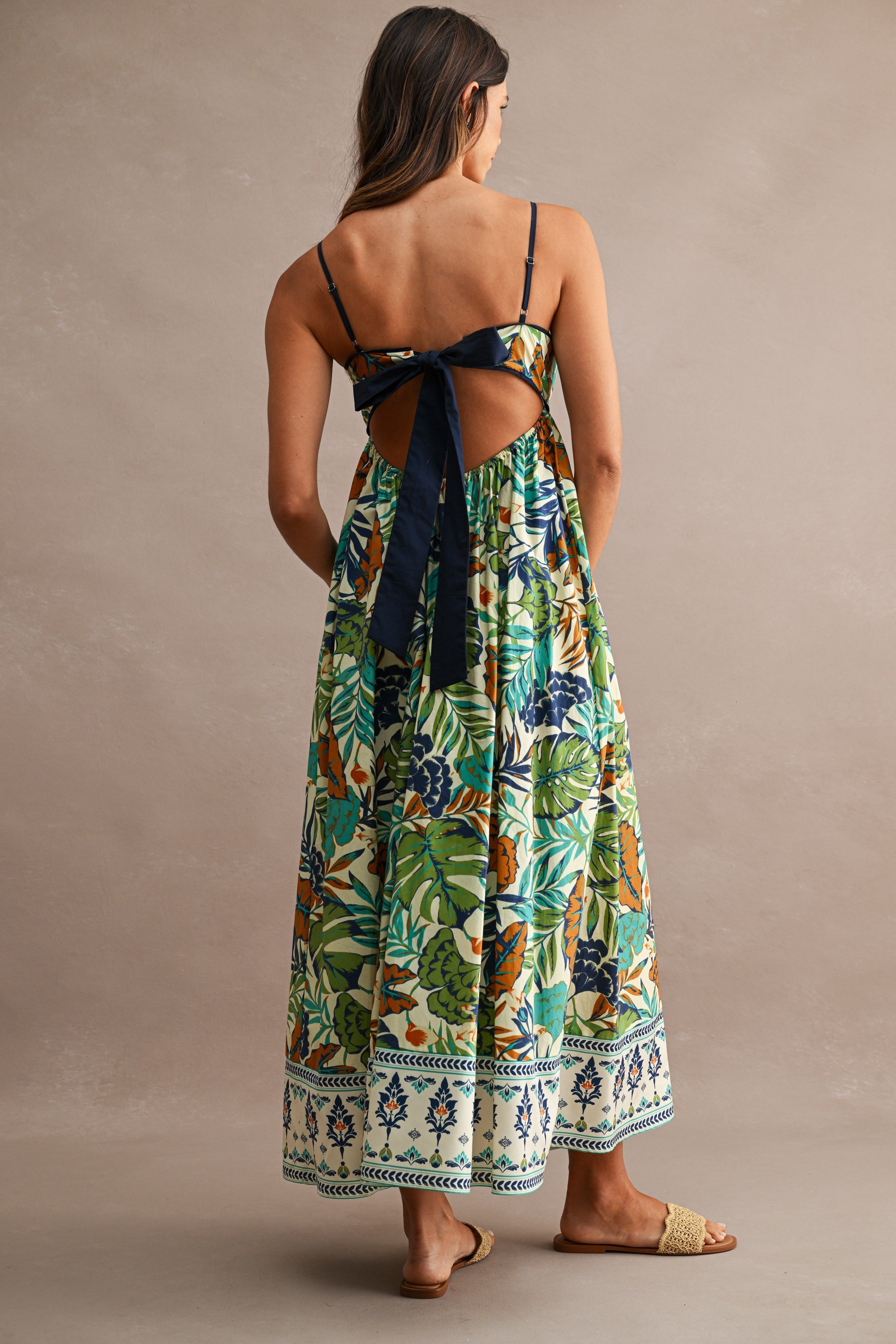 Tropical Print Spaghetti Strap Open Back Midi Dress
