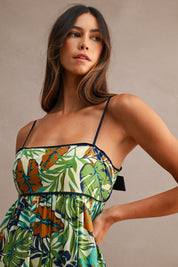 Tropical Print Spaghetti Strap Open Back Midi Dress