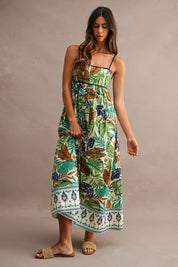 Tropical Print Spaghetti Strap Open Back Midi Dress