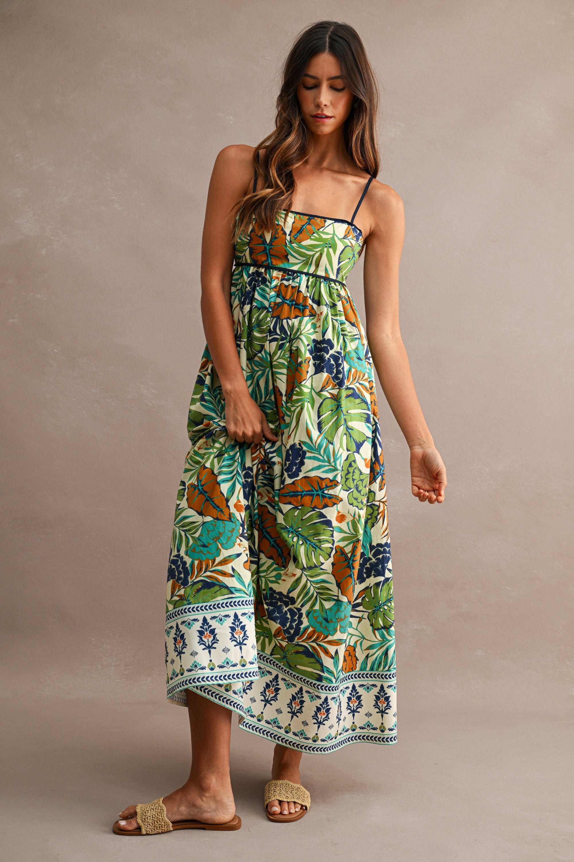 Tropical Print Spaghetti Strap Open Back Midi Dress
