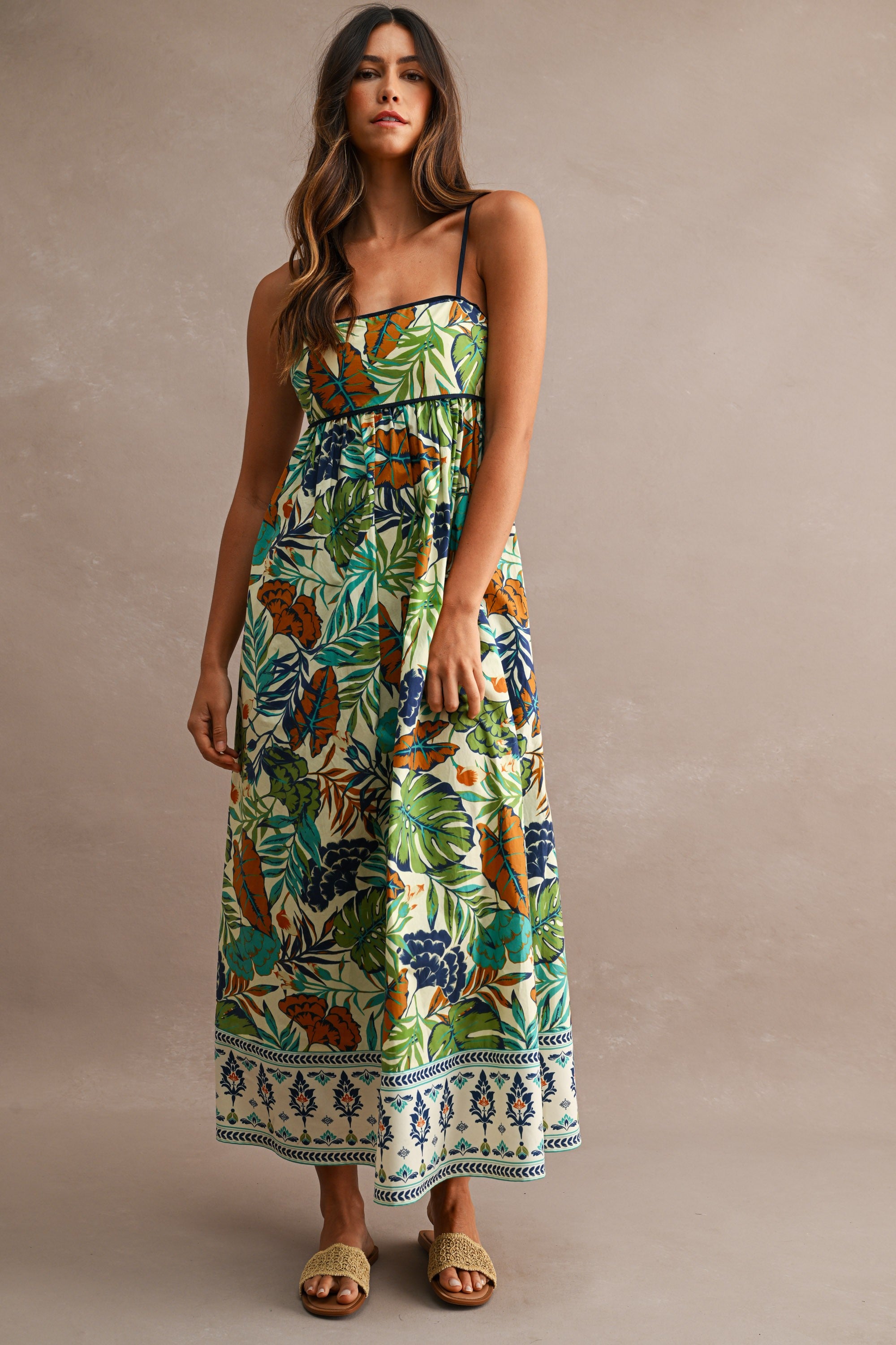 Tropical Print Spaghetti Strap Open Back Midi Dress