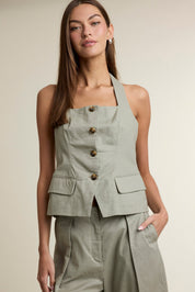 Square Neckline Halter Vest Top And Pants Set