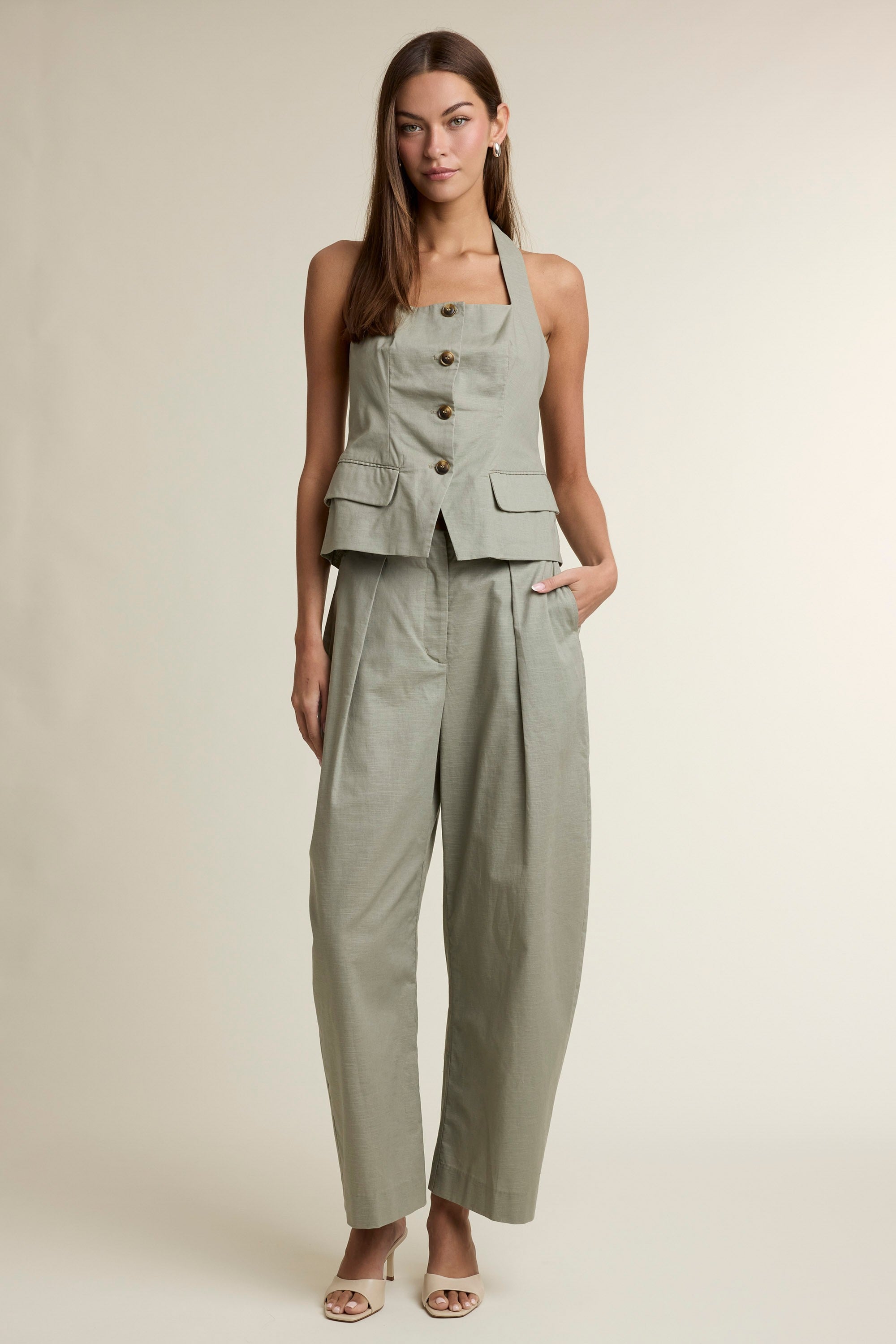 Square Neckline Halter Vest Top And Pants Set