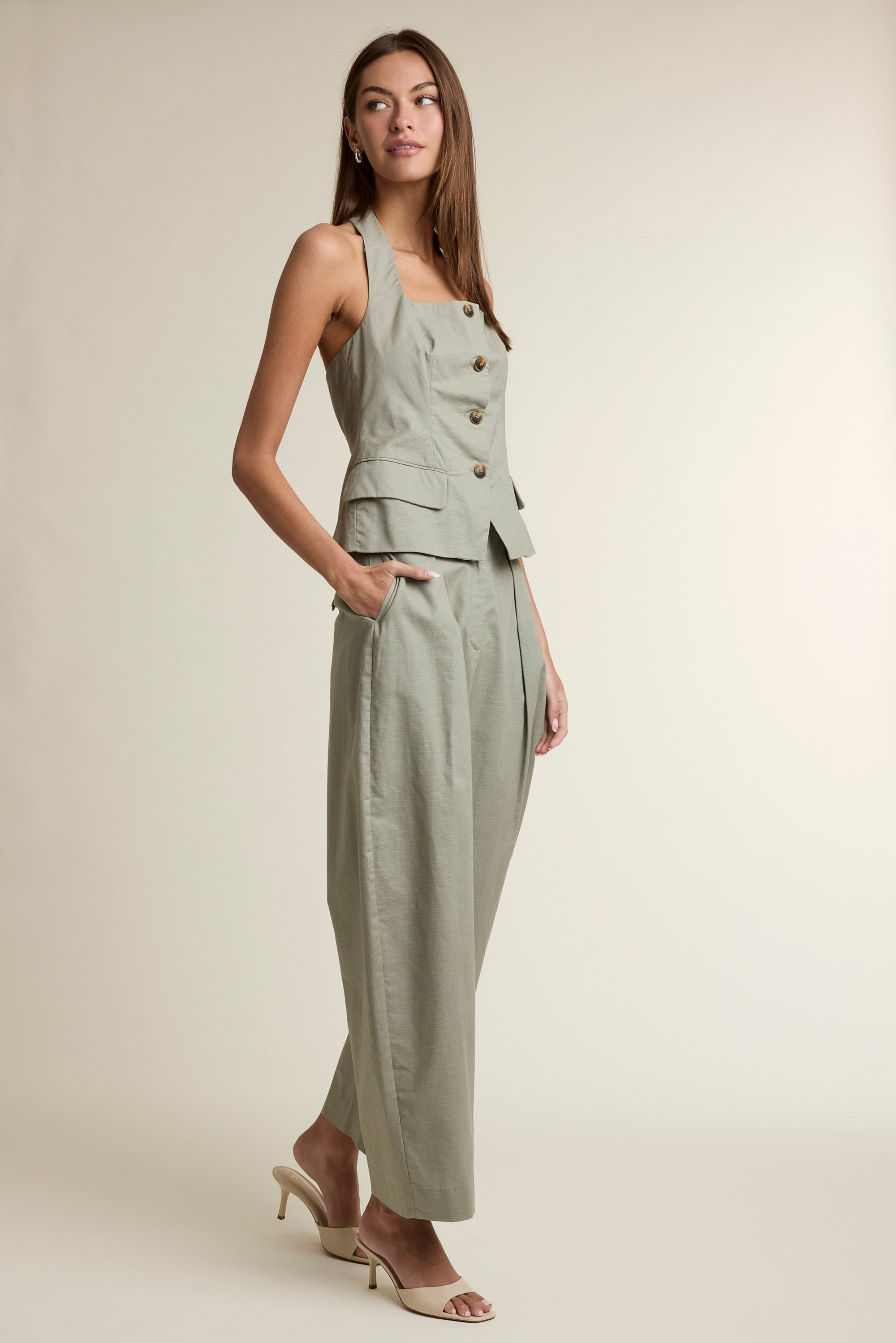 Square Neckline Halter Vest Top And Pants Set