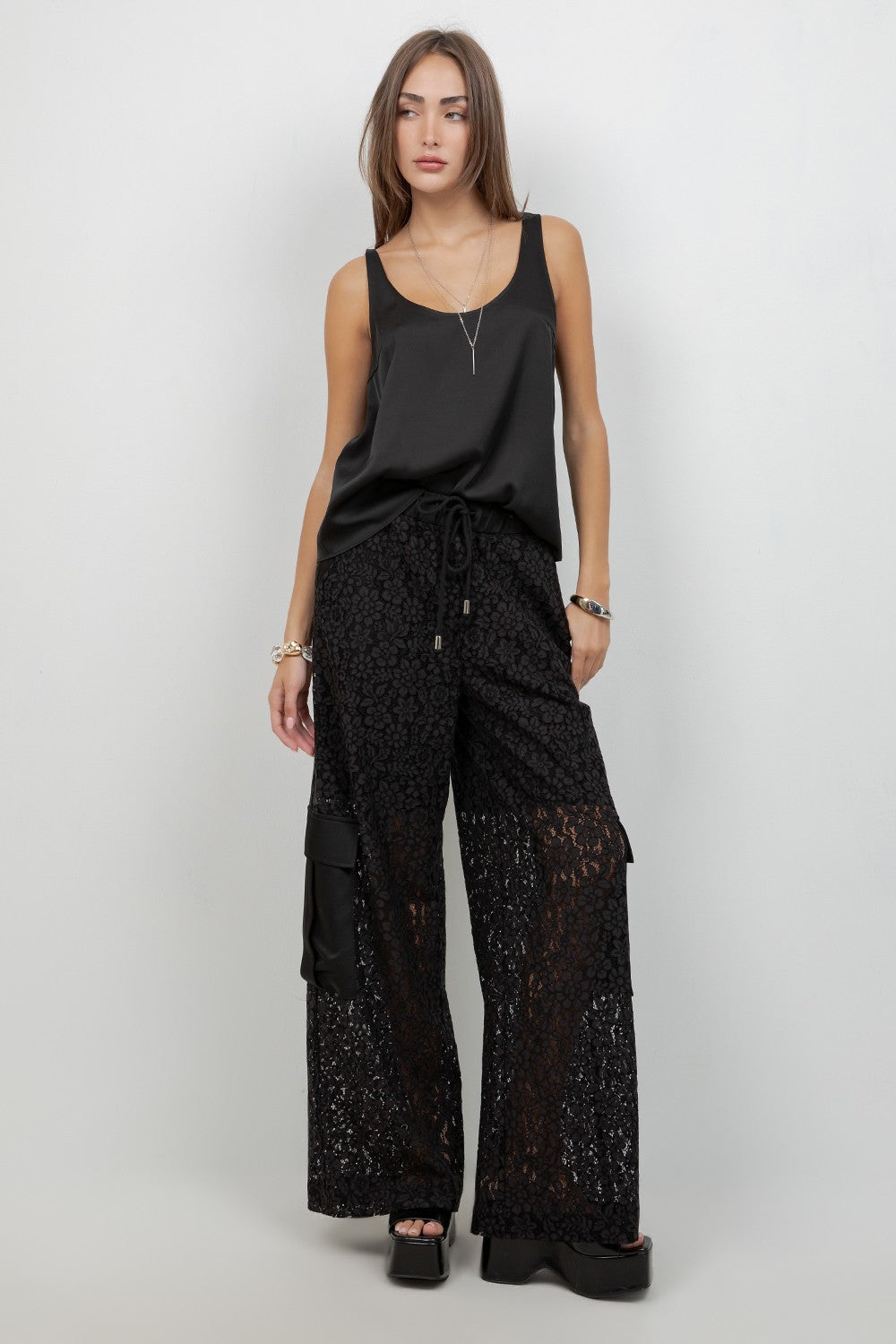 Lace Mix Straight Leg Elastic Waist Trousers