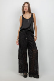 Lace Mix Straight Leg Elastic Waist Trousers