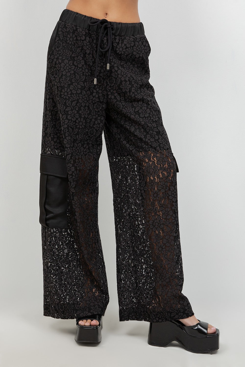 Lace Mix Straight Leg Elastic Waist Trousers