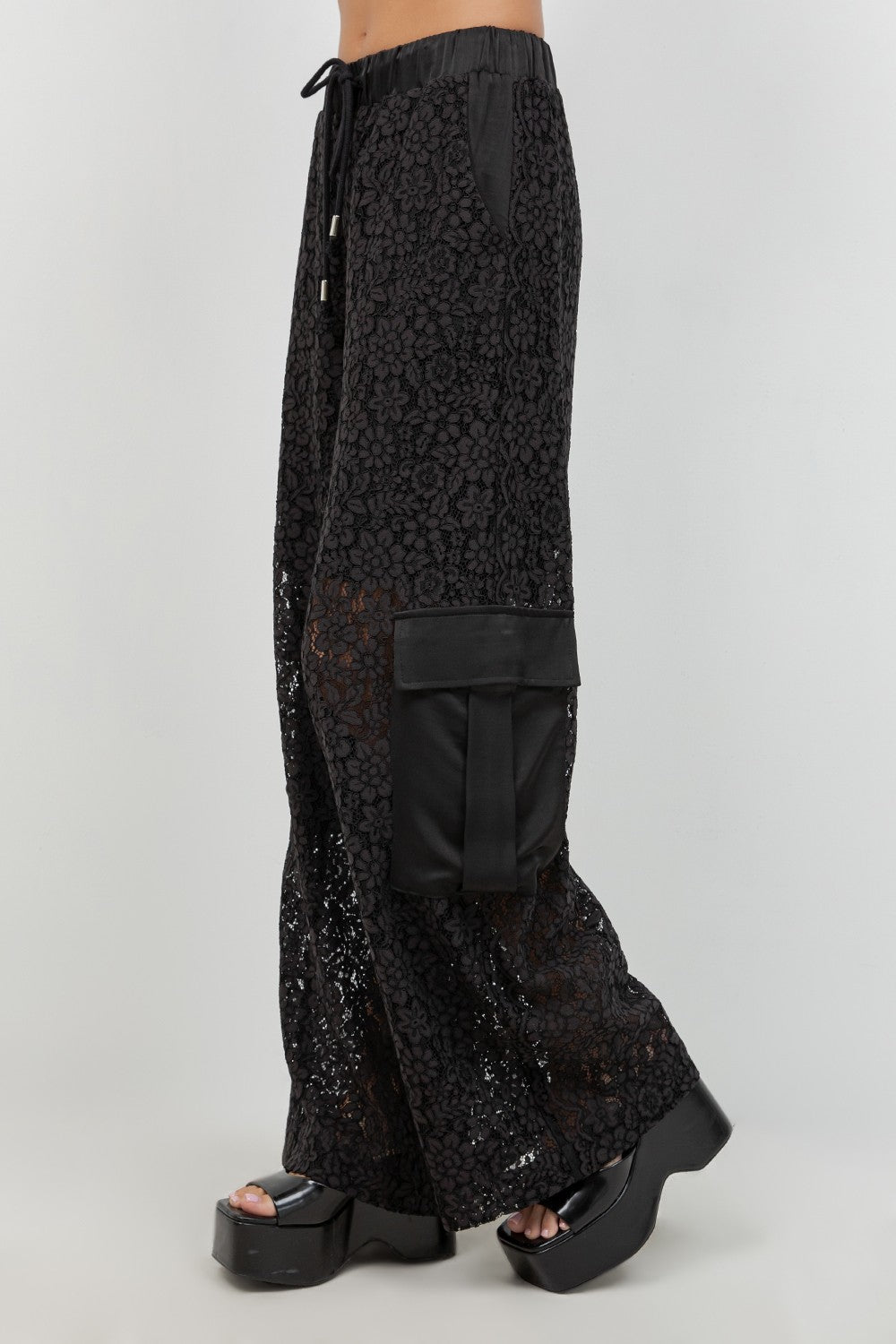 Lace Mix Straight Leg Elastic Waist Trousers