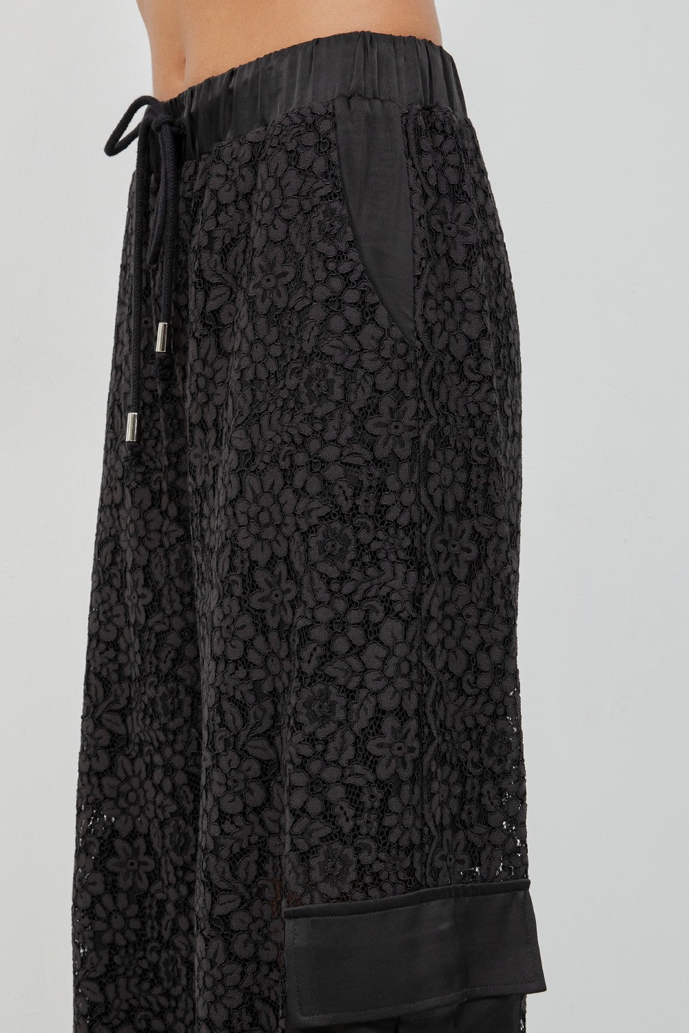 Lace Mix Straight Leg Elastic Waist Trousers