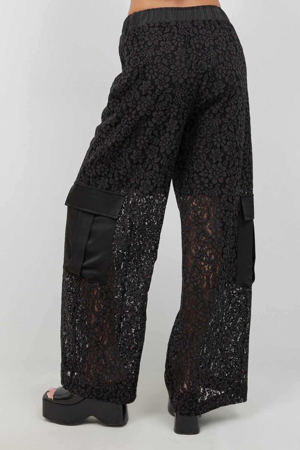 Lace Mix Straight Leg Elastic Waist Trousers
