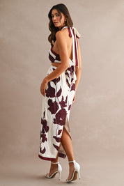 Floral Print Halter Neck Waist Cut Out Self Tie Back Dress