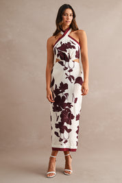 Floral Print Halter Neck Waist Cut Out Self Tie Back Dress