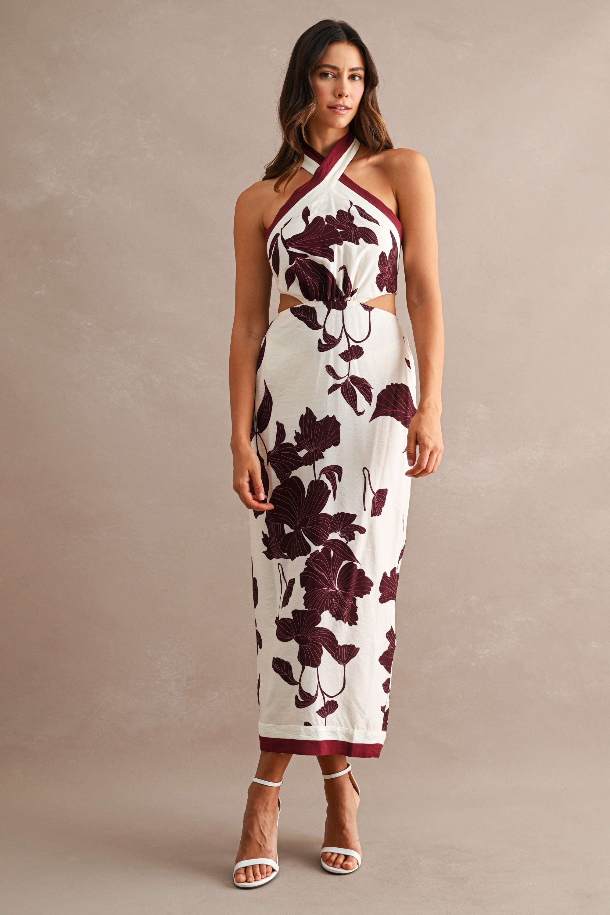 Floral Print Halter Neck Waist Cut Out Self Tie Back Dress