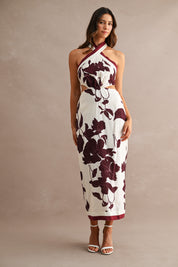 Floral Print Halter Neck Waist Cut Out Self Tie Back Dress