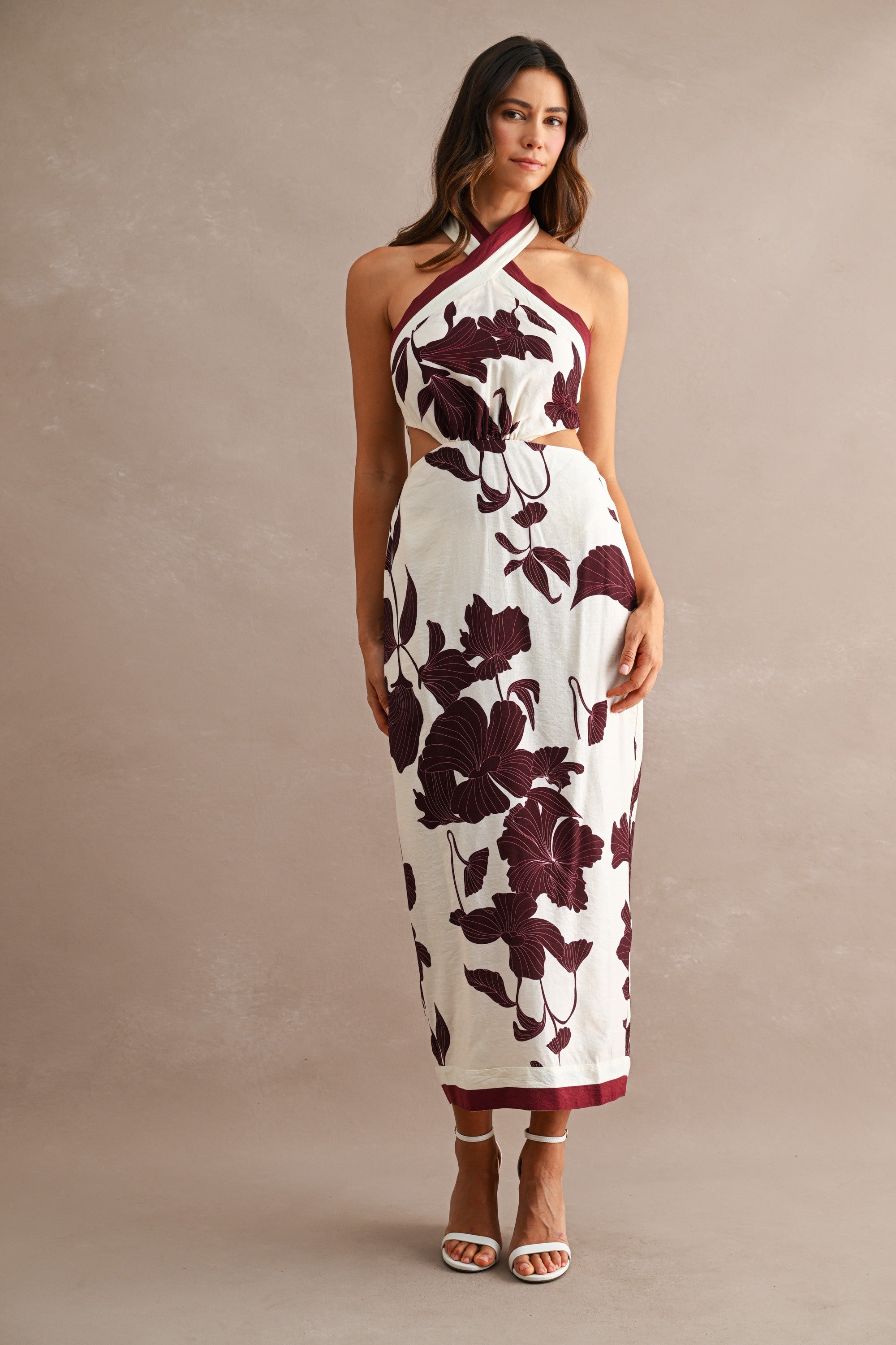 Floral Print Halter Neck Waist Cut Out Self Tie Back Dress