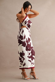Floral Print Halter Neck Waist Cut Out Self Tie Back Dress