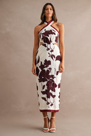 Floral Print Halter Neck Waist Cut Out Self Tie Back Dress
