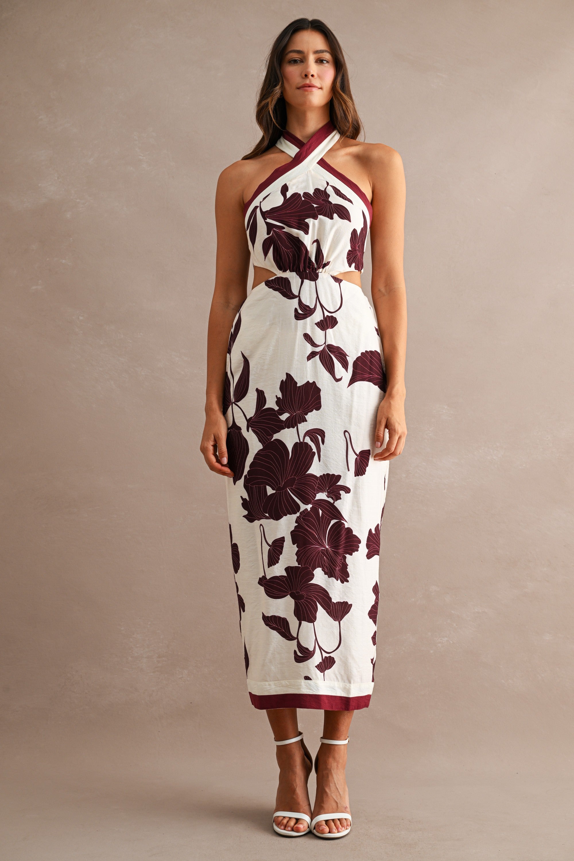 Floral Print Halter Neck Waist Cut Out Self Tie Back Dress