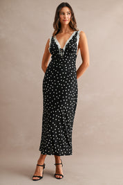 Polka Dot Sleeveless Lace Trim Detail Midi Dress