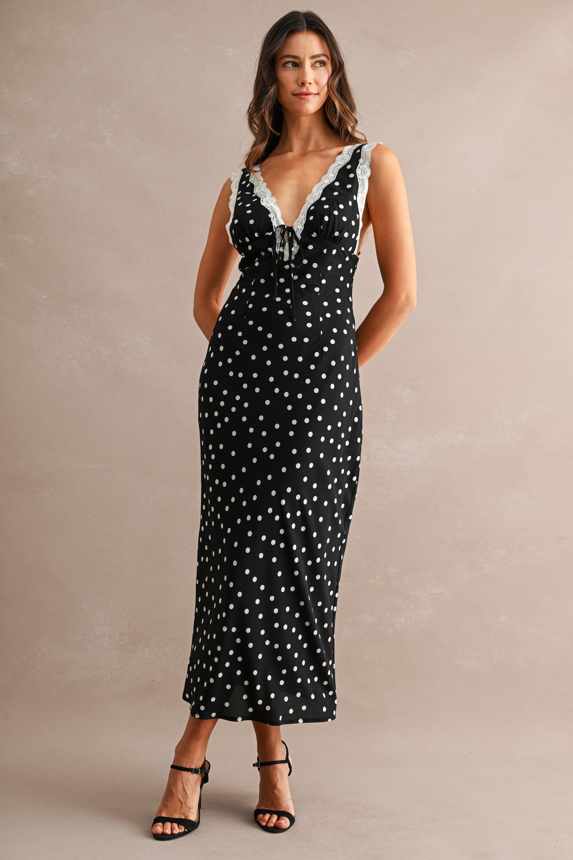 Polka Dot Sleeveless Lace Trim Detail Midi Dress