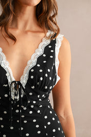 Polka Dot Sleeveless Lace Trim Detail Midi Dress