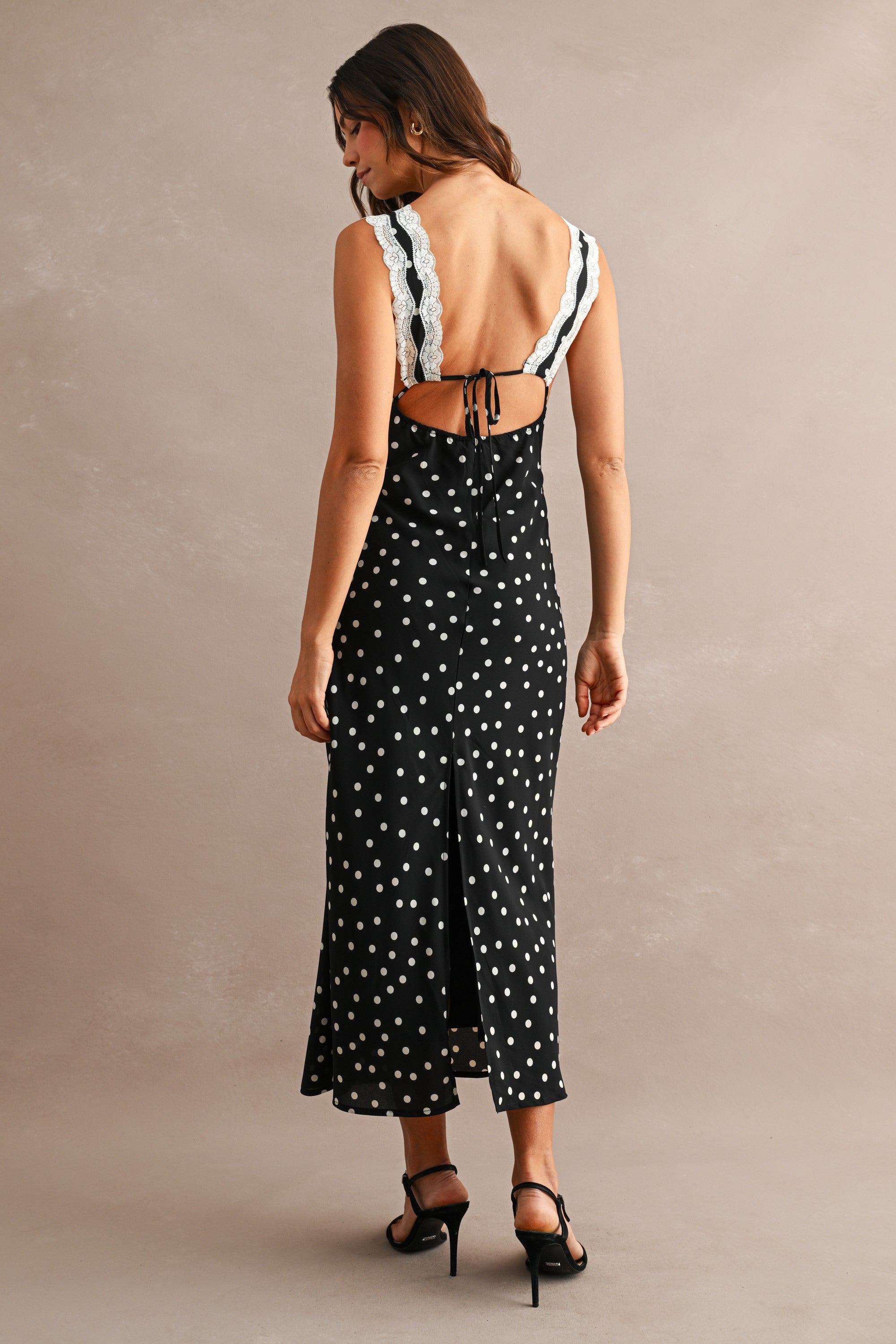 Polka Dot Sleeveless Lace Trim Detail Midi Dress