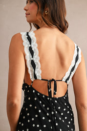 Polka Dot Sleeveless Lace Trim Detail Midi Dress