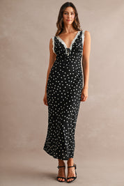 Polka Dot Sleeveless Lace Trim Detail Midi Dress