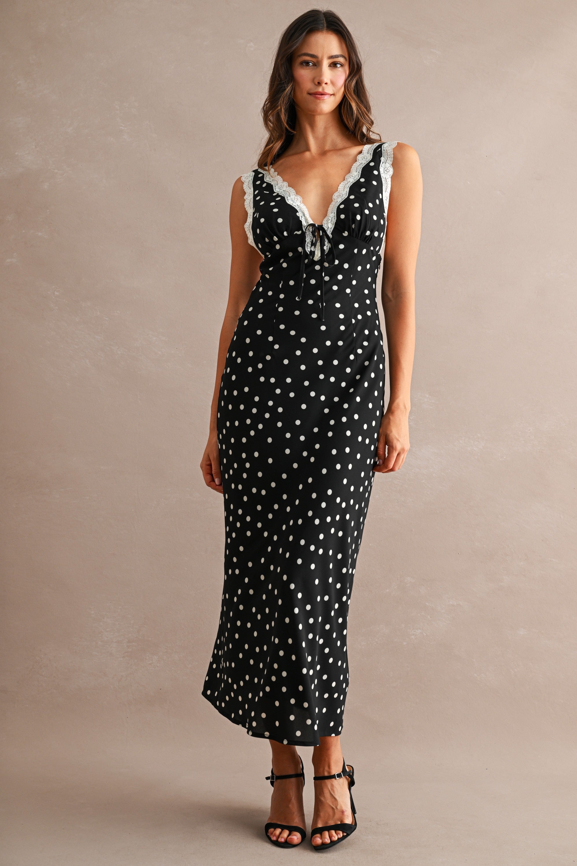 Polka Dot Sleeveless Lace Trim Detail Midi Dress
