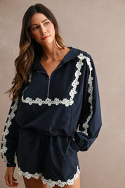 Hood Half Zip-up Lace Trim Windbreaker Jacket And Shorts Set