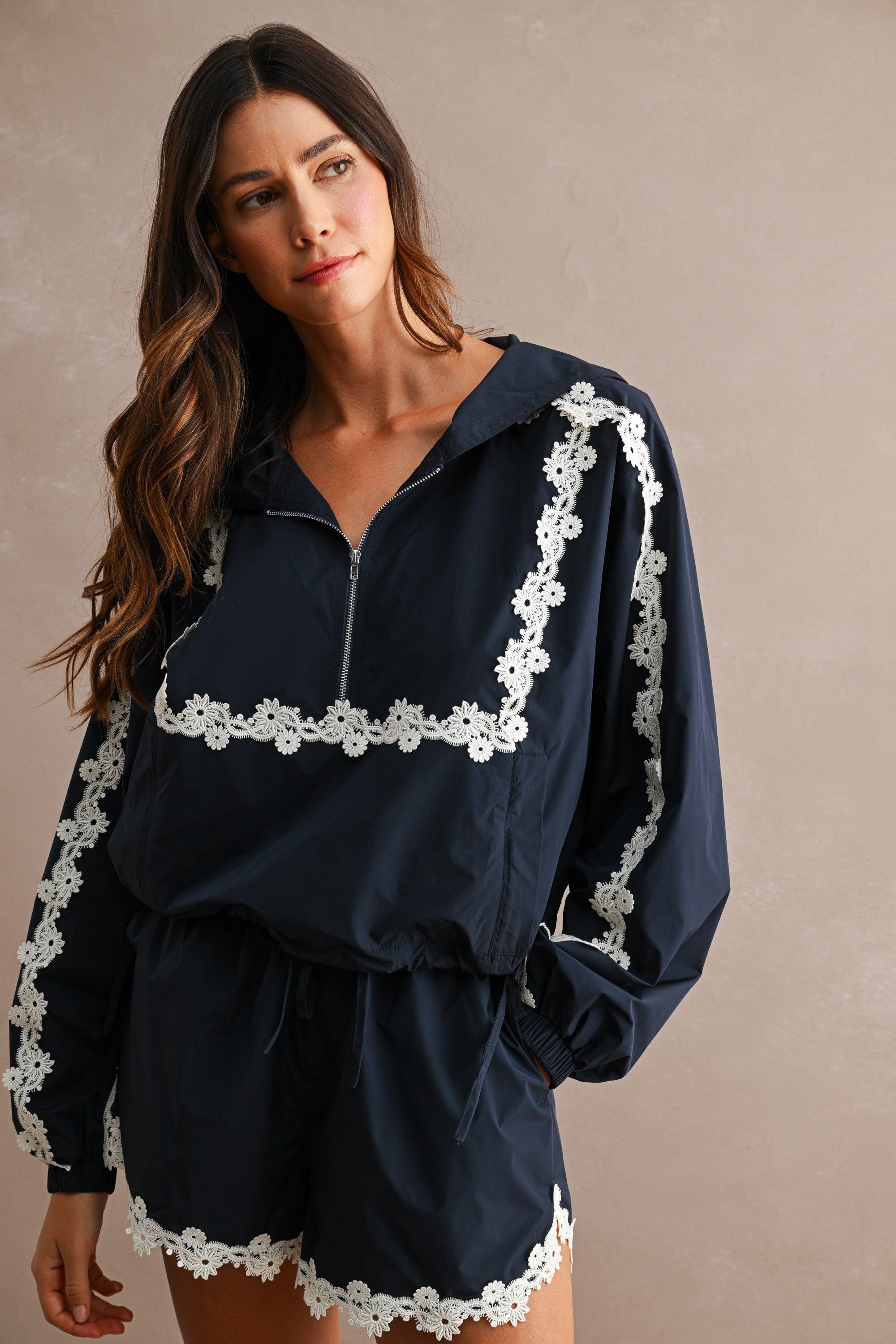Hood Half Zip-up Lace Trim Windbreaker Jacket And Shorts Set
